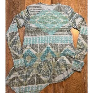Double D Ranch Aztec Embroidered L/S Top Asymmetrical Hem Green Aqua Brown Sz S